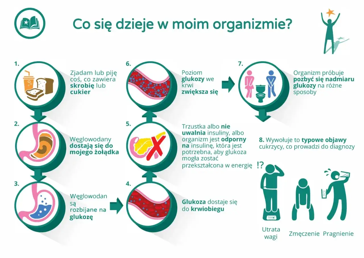 Ilustracja przedstawia schemat działania organizmu przy cukrzycy typu 2, od spożycia węglowodanów do objawów.
