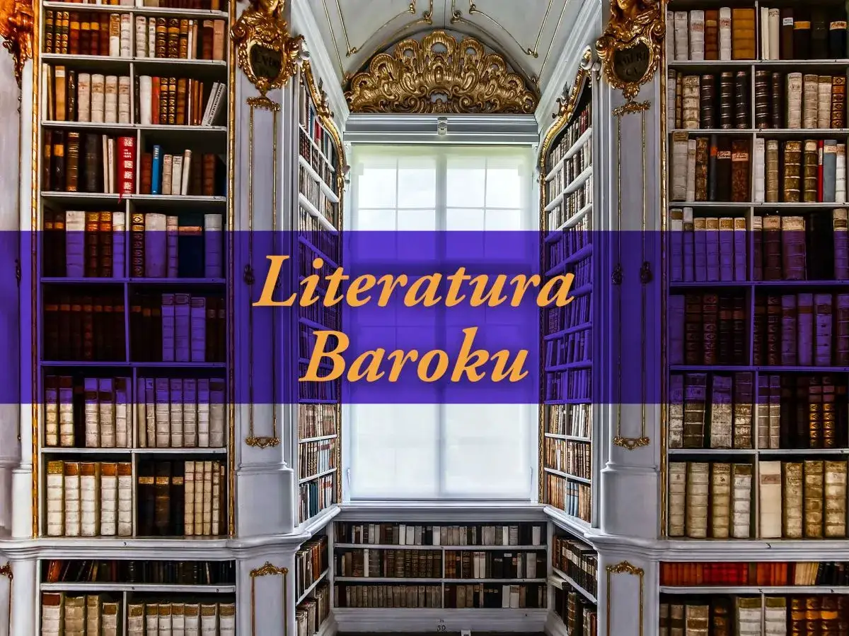 Elegancka biblioteka z regałami pełnymi starych ksiąg, z napisem "Literatura Baroku".