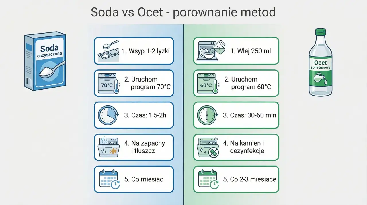 Porównanie metod czyszczenia: czy biały ocet i soda oczyszczona faktycznie działają lepiej niż chemia? Ilustracja pokazuje instrukcje użycia sody i octu do czyszczenia.