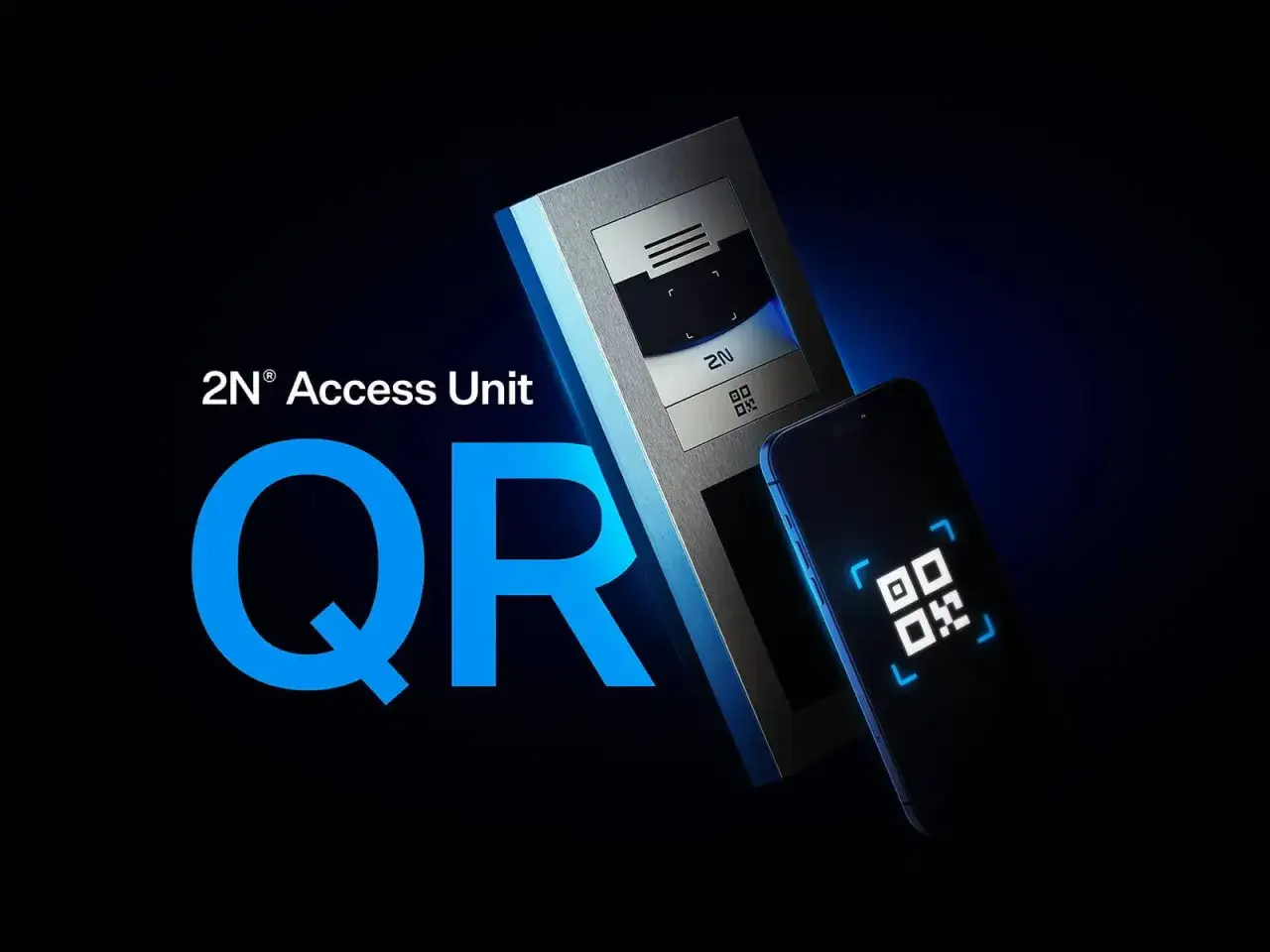 Domofon 2N Access Unit i smartfon z kodem QR na ekranie.