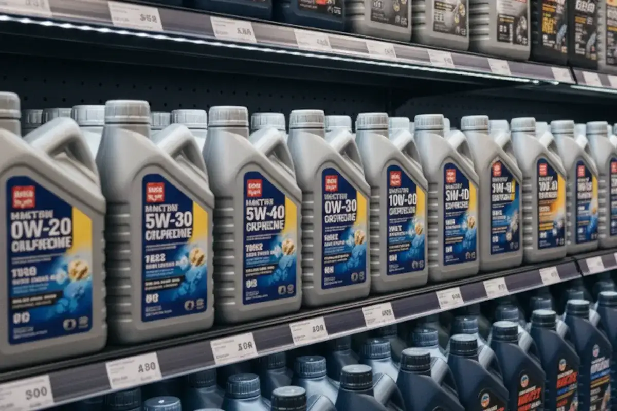 Rzędy szarych kanistrów z olejem silnikowym na półce sklepowej.