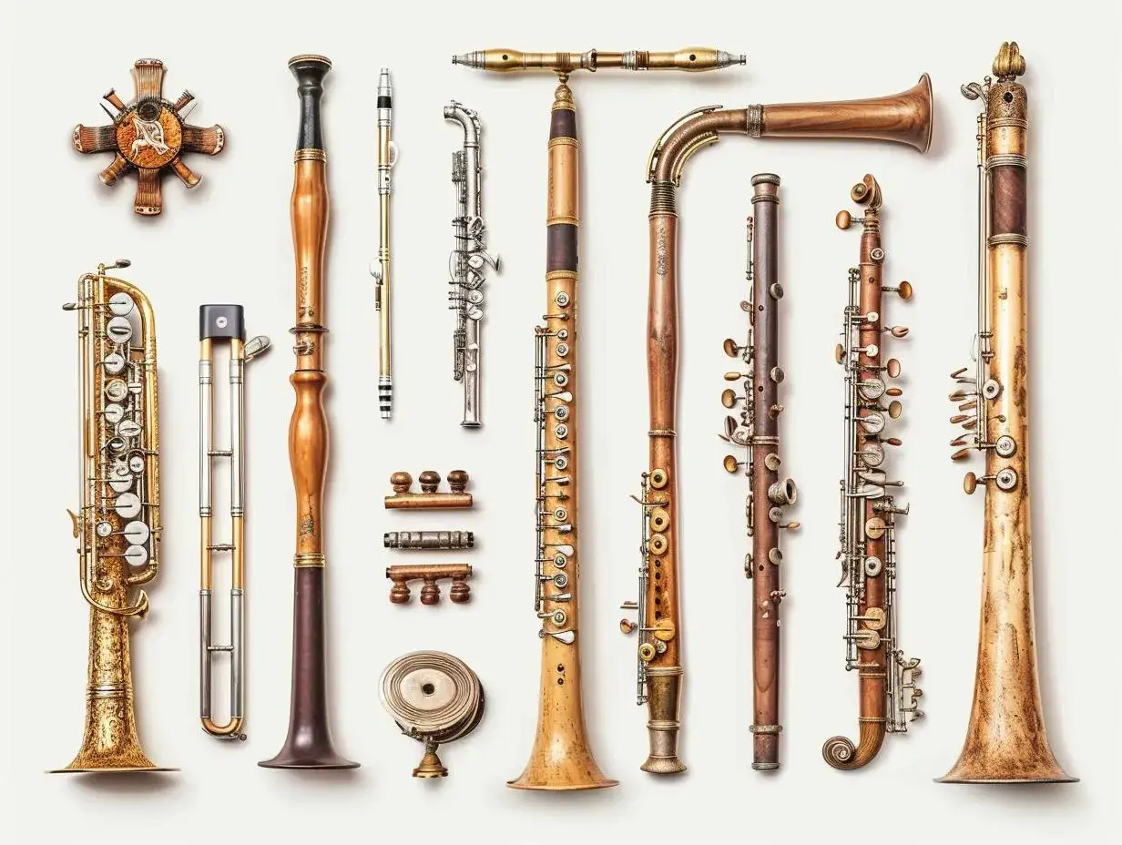 Kolekcja zabytkowych dętych instrumentów muzycznych, od saksofonu po flety, prezentuje kunszt rzemieślniczy i piękno drewna i metalu.