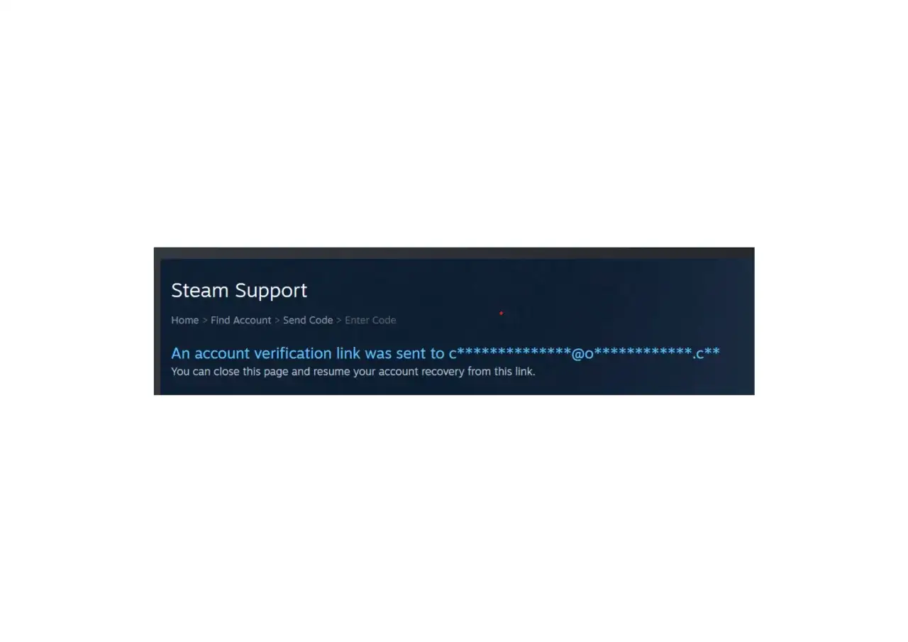 Strona wsparcia Steam: wysłano link weryfikacyjny na email.