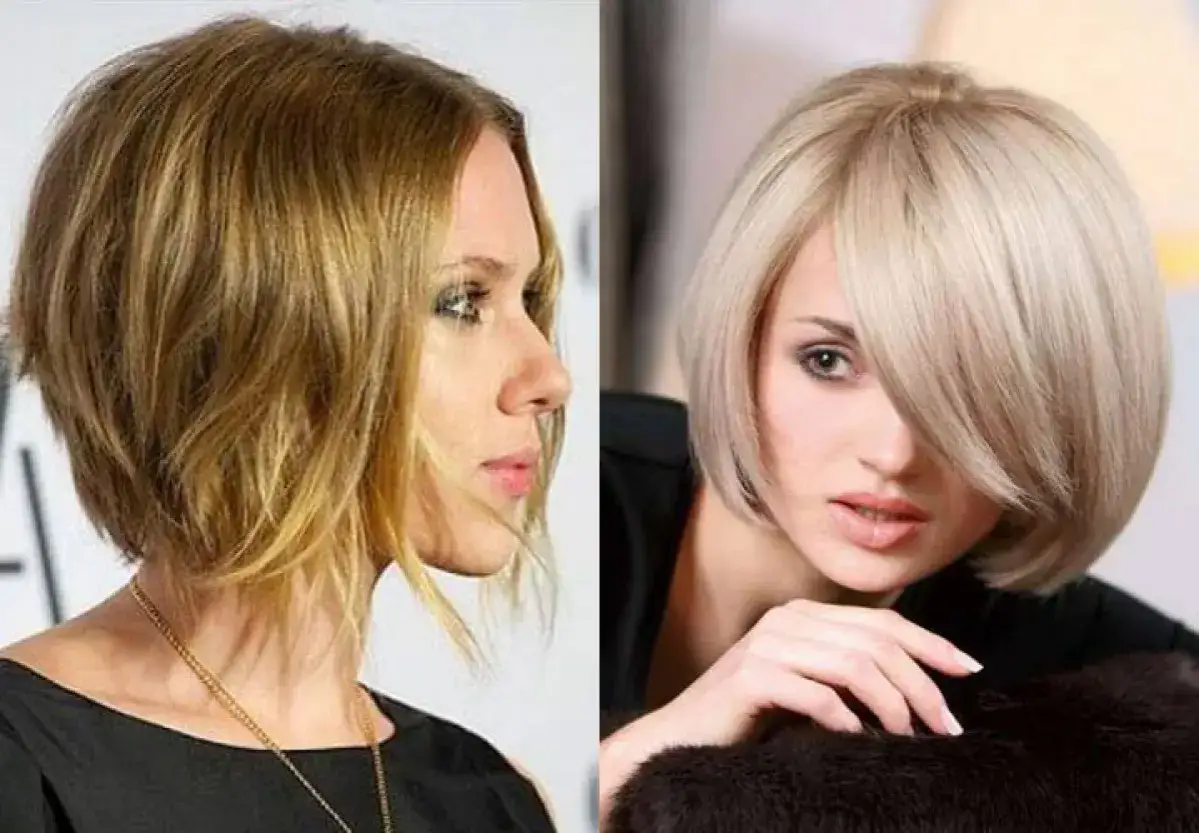 Dwie kobiety prezentują stylowe, krótkie fryzury bob. Jedna ma brązowe, falowane włosy, druga blond, proste.