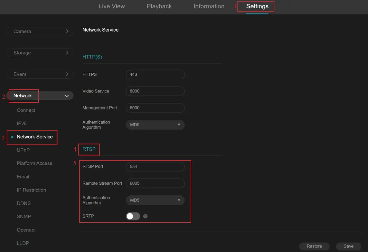 Ustawienia sieciowe, sekcja RTSP. Widoczny port RTSP 554 i port strumienia zdalnego 6005.