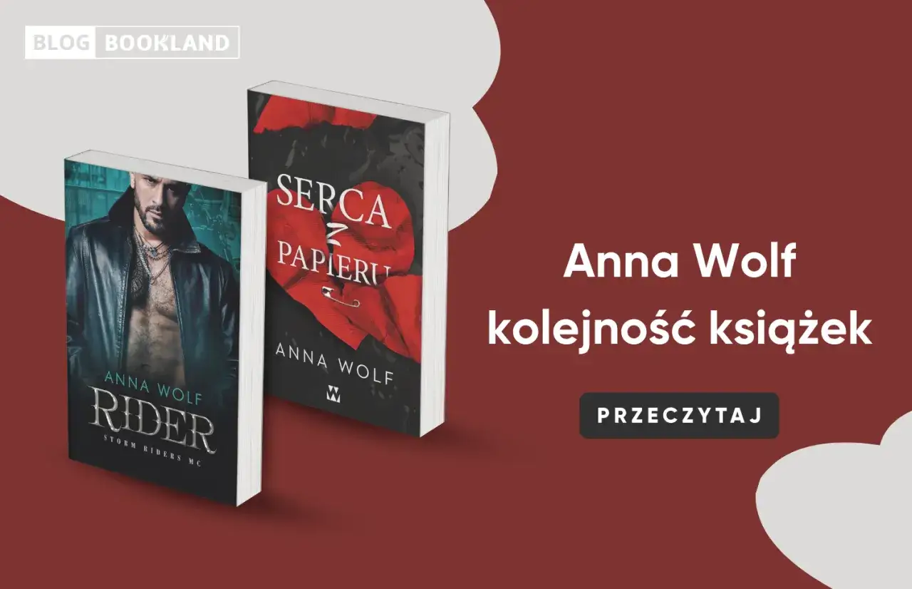 Okładki książek Anny Wolf: "Rider" z przystojnym mężczyzną w skórzanej kurtce i "Serca z papieru" z rozdartym sercem. Idealne dla fanów gangsterów.
