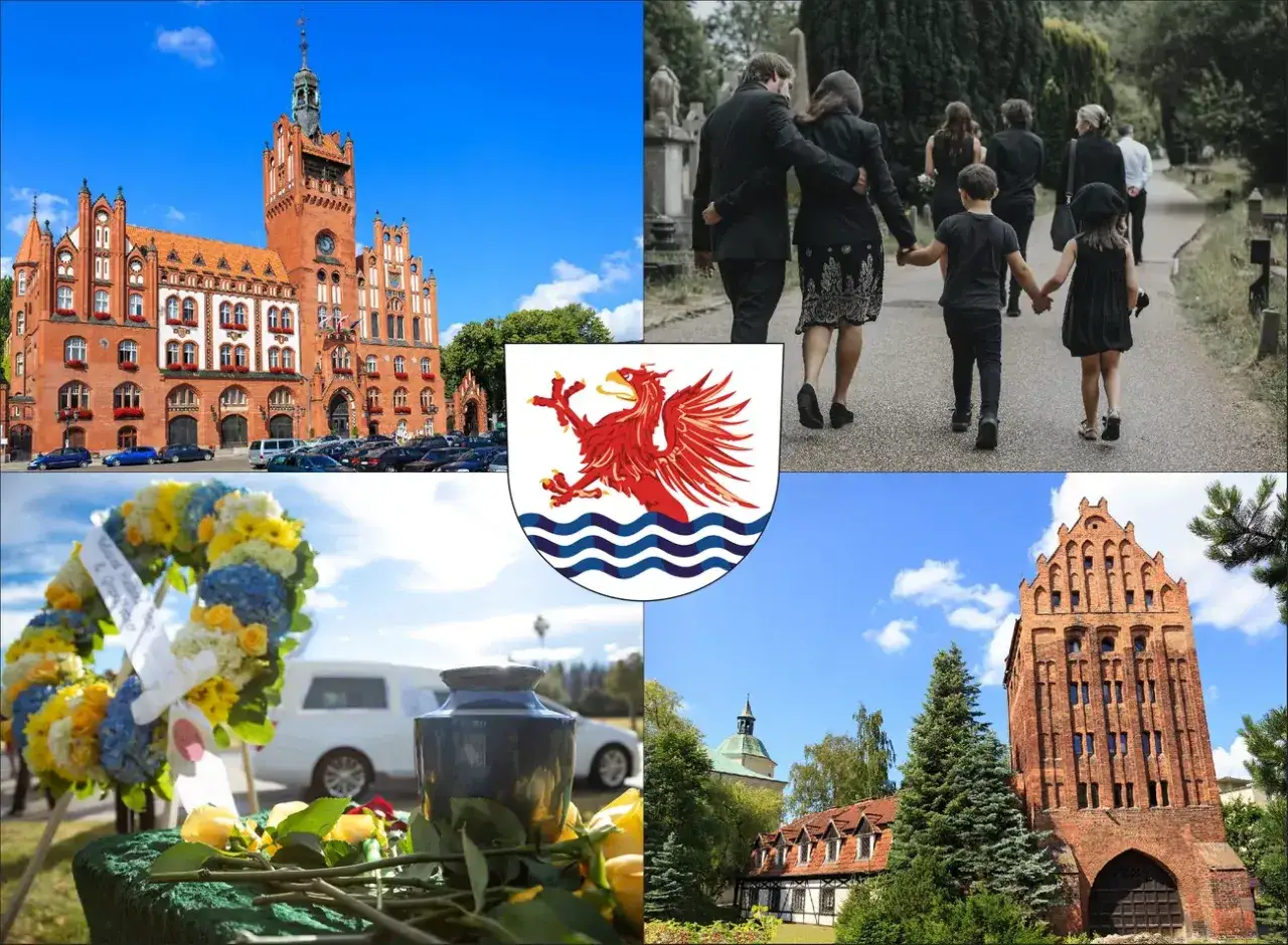 Słupsk: ratusz, herb, pogrzebowa procesja, wieniec i urny. Obraz przedstawia zimne pochówki w Słupsku.