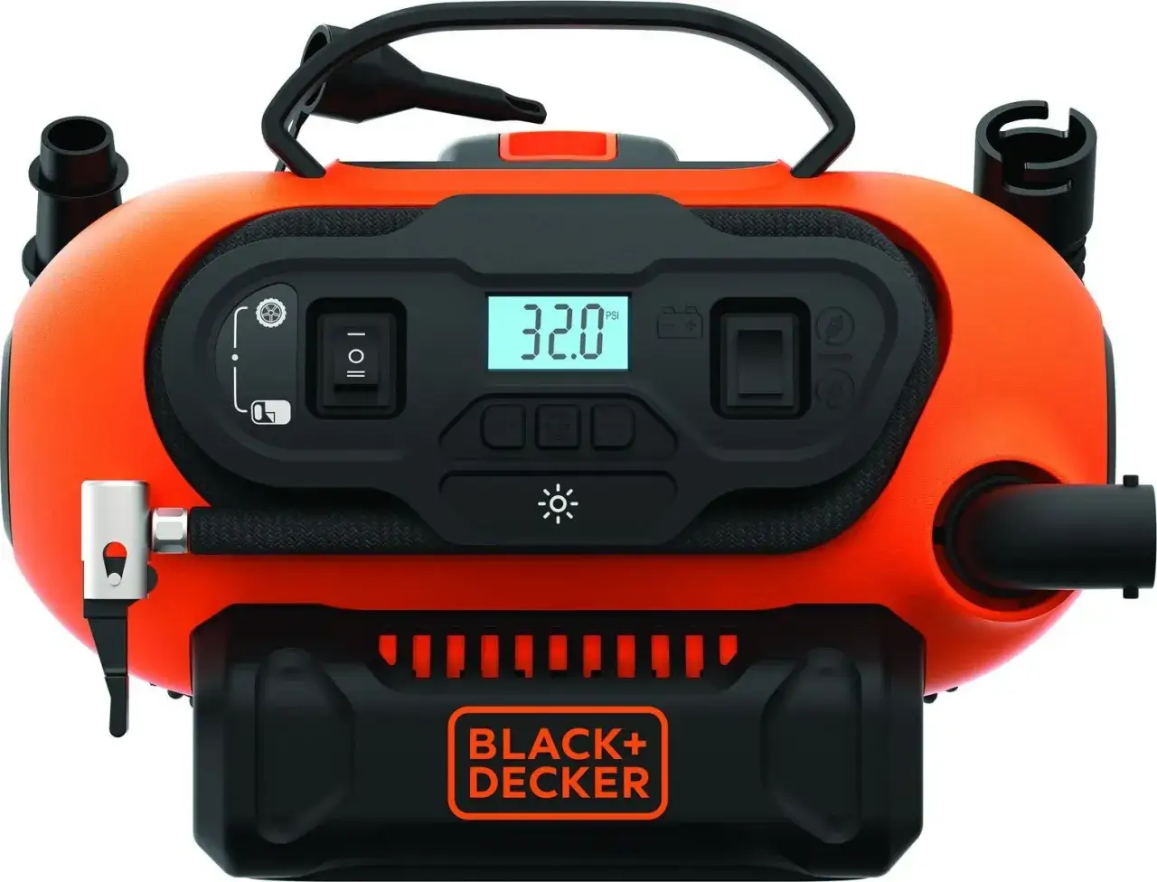 Pomarańczowy kompresor Black+Decker z cyfrowym wyświetlaczem pokazującym 32.0 PSI, gotowy do pompowania opon.