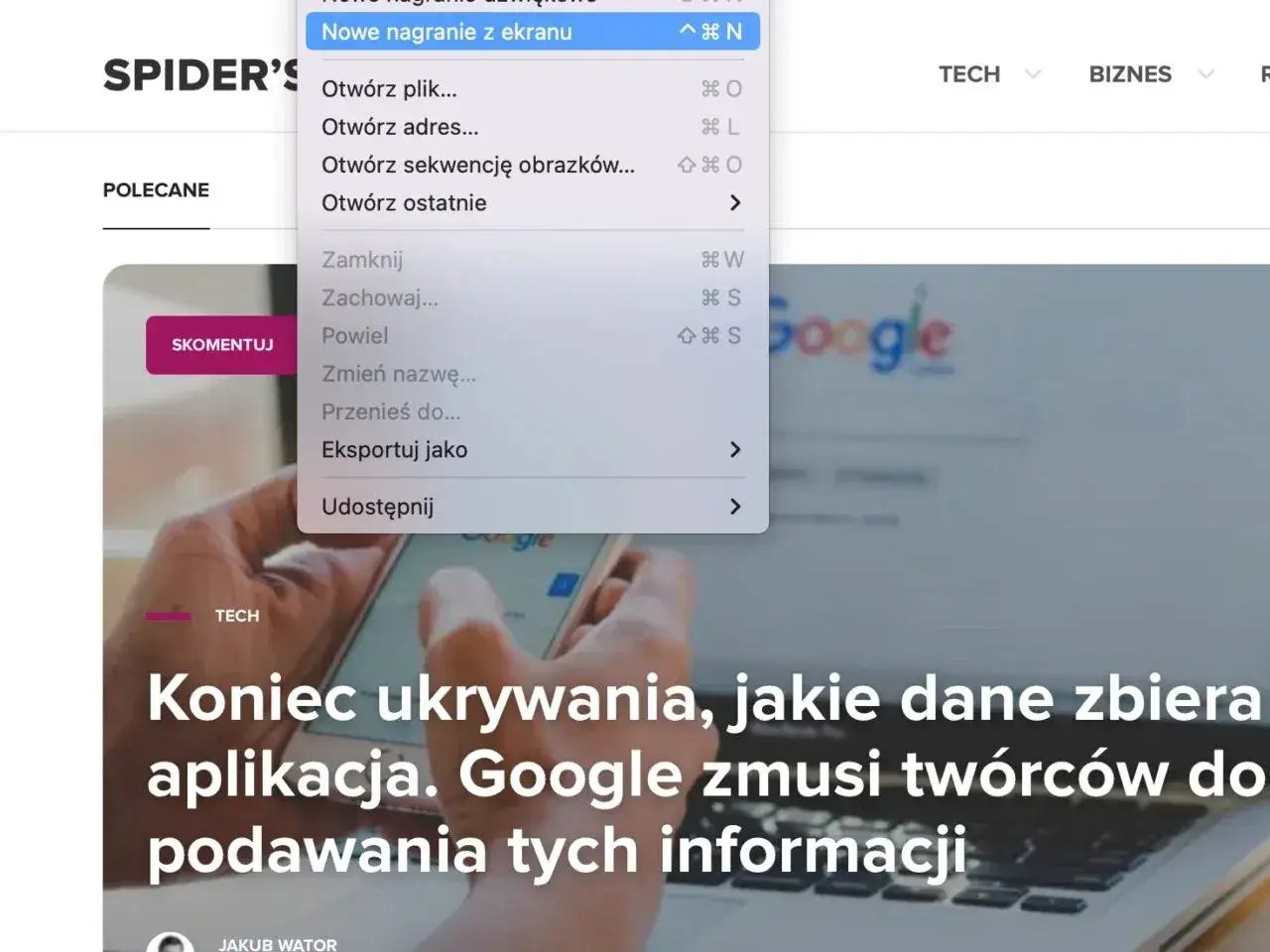 Menu z opcją "Nowe nagranie z ekranu" pokazuje, jak nagrać ekran na laptopie.
