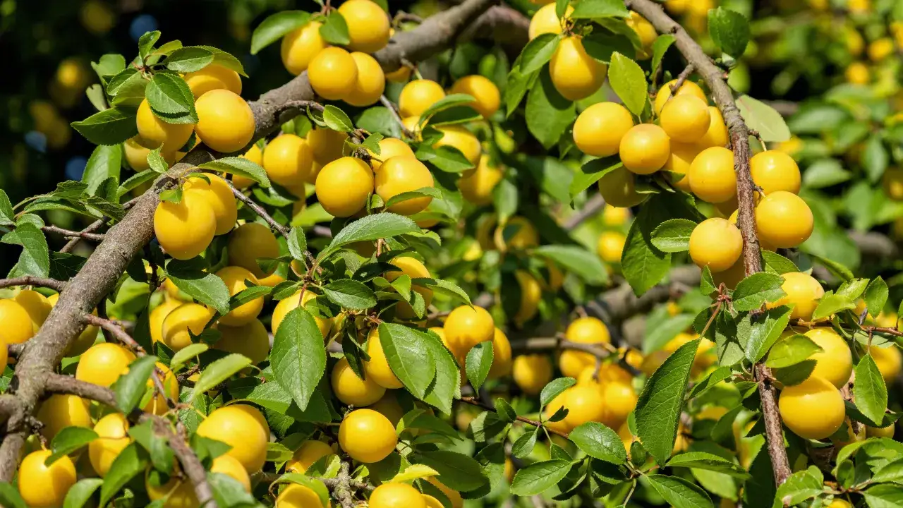 Gałąź drzewa ugina się pod ciężarem dojrzałych, żółtych śliwek. Słońce pięknie oświetla owoce i zielone liście.