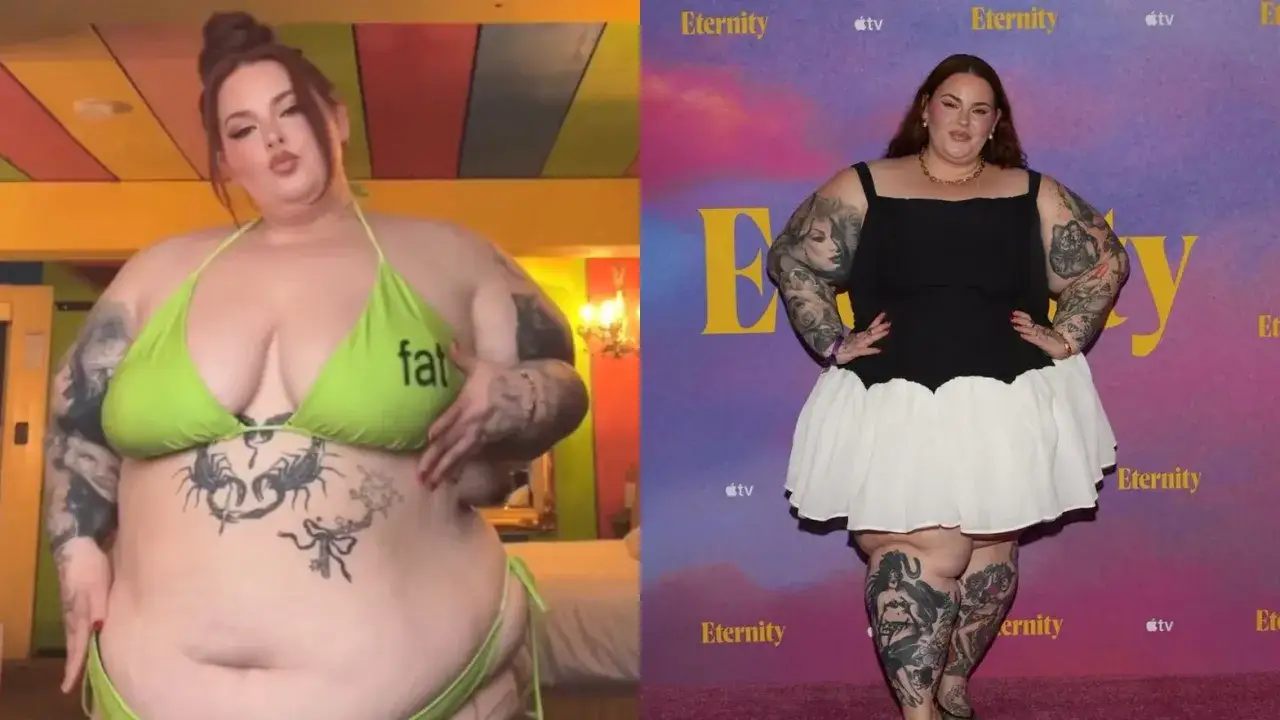 Modelka plus-size w bikini i w czarno-białej sukience na tle dywanu.