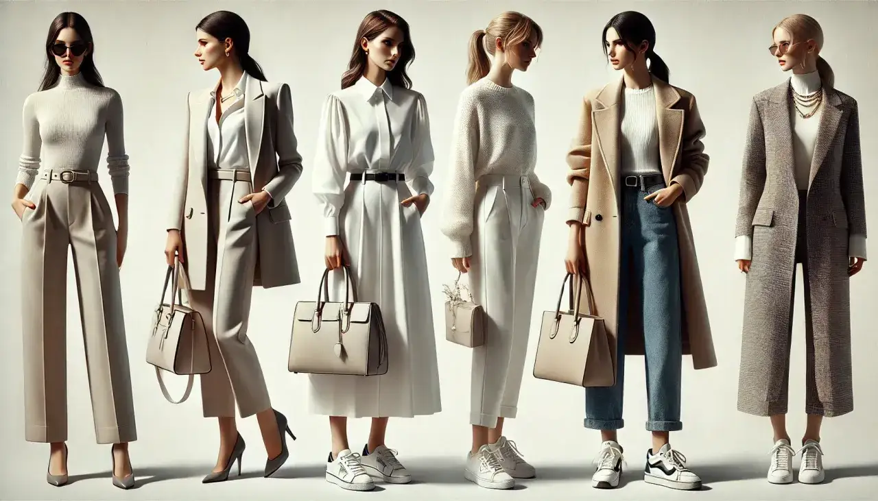 Sześć kobiet prezentuje stylizacje smart casual damski na imprezę: eleganckie spodnie, płaszcze, sukienki i stylowe torebki.