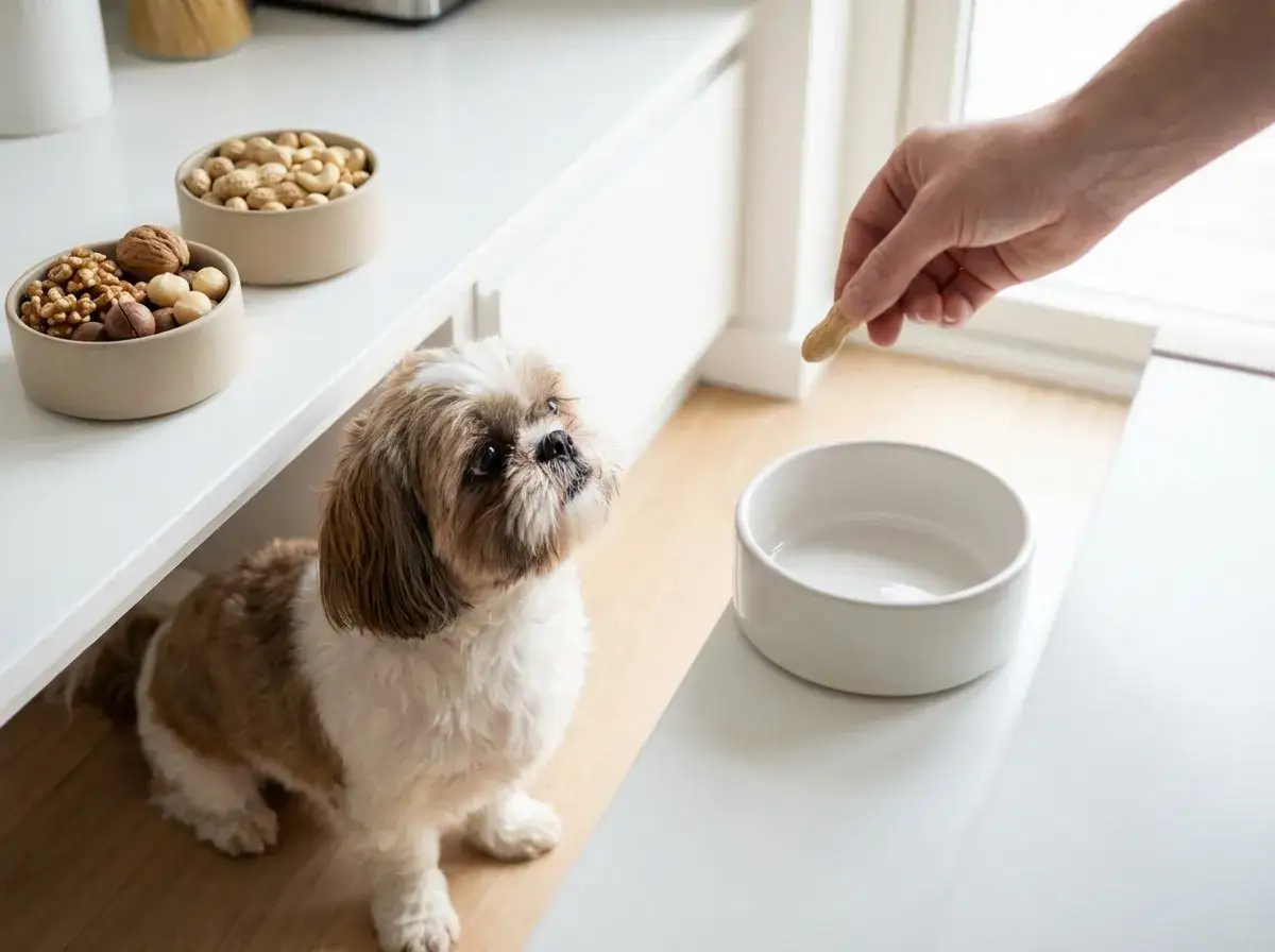 Czy pies może jeść orzeszki ziemne? Shih tzu z nadzieją patrzy na rękę podającą mu orzeszka.