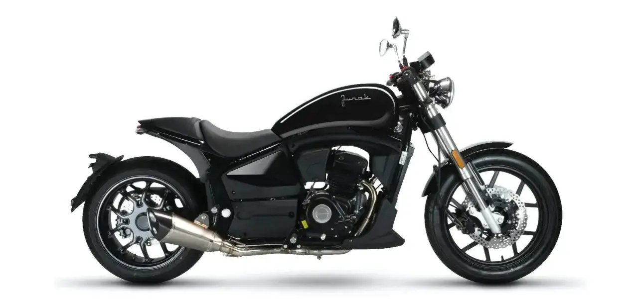 Czarny motocykl Junak M15, gotowy do odblokowania pełnej mocy i wolności na drodze. Stylowy cruiser z chromowanymi elementami.