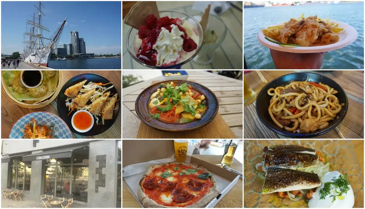 Sześć zdjęć potraw: ryba z frytkami, deser, pierożki, makaron, pizza i danie z rybą.