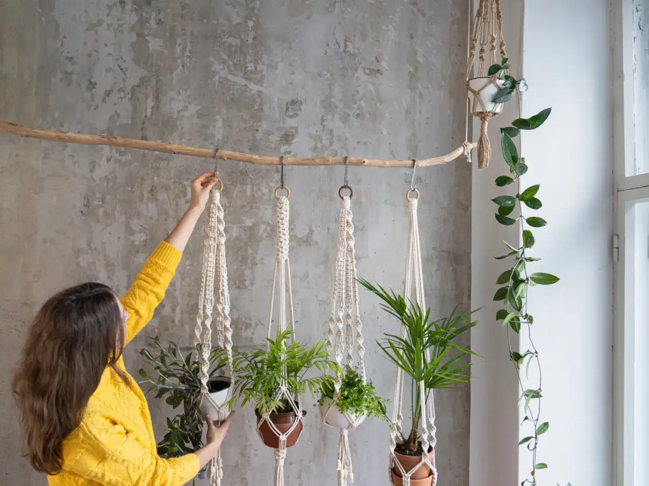 Kobieta w żółtym swetrze wiesza rośliny w doniczkach na ozdobnych sznurkach. To piękny przykład, jak można stworzyć własne dekoracje diy makrama.