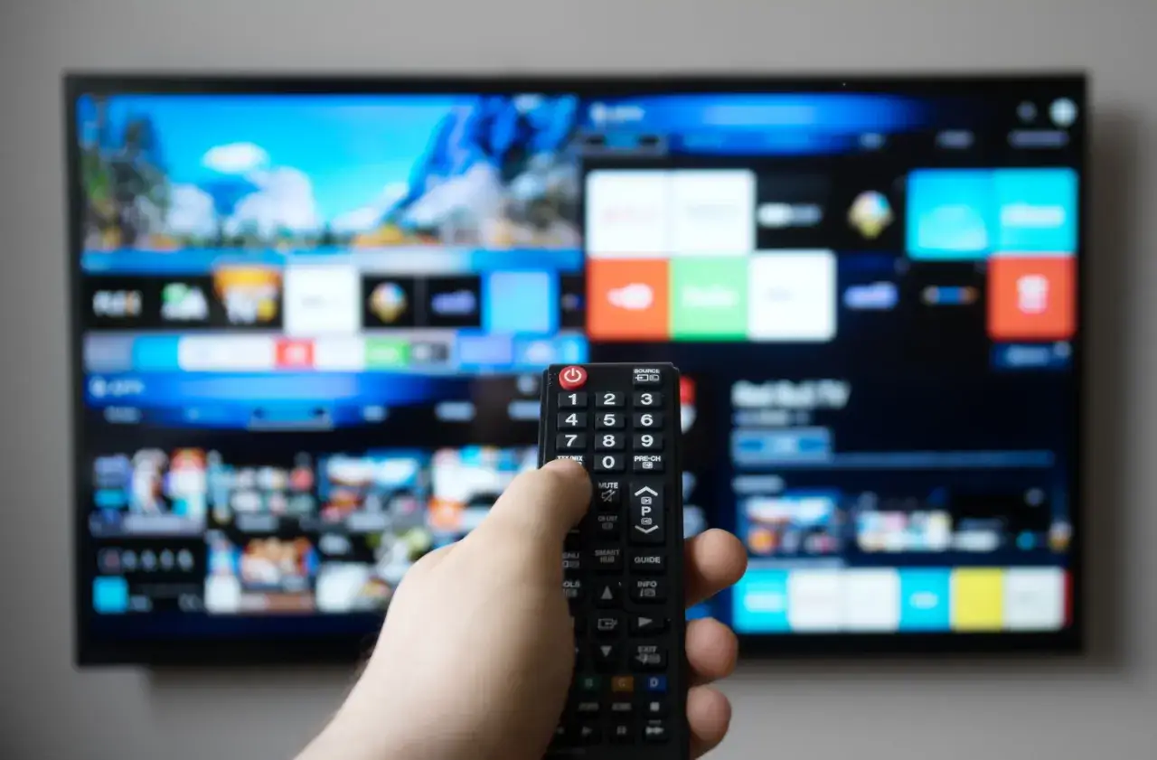 Dłoń trzymająca pilot do telewizora na tle ekranu z menu.