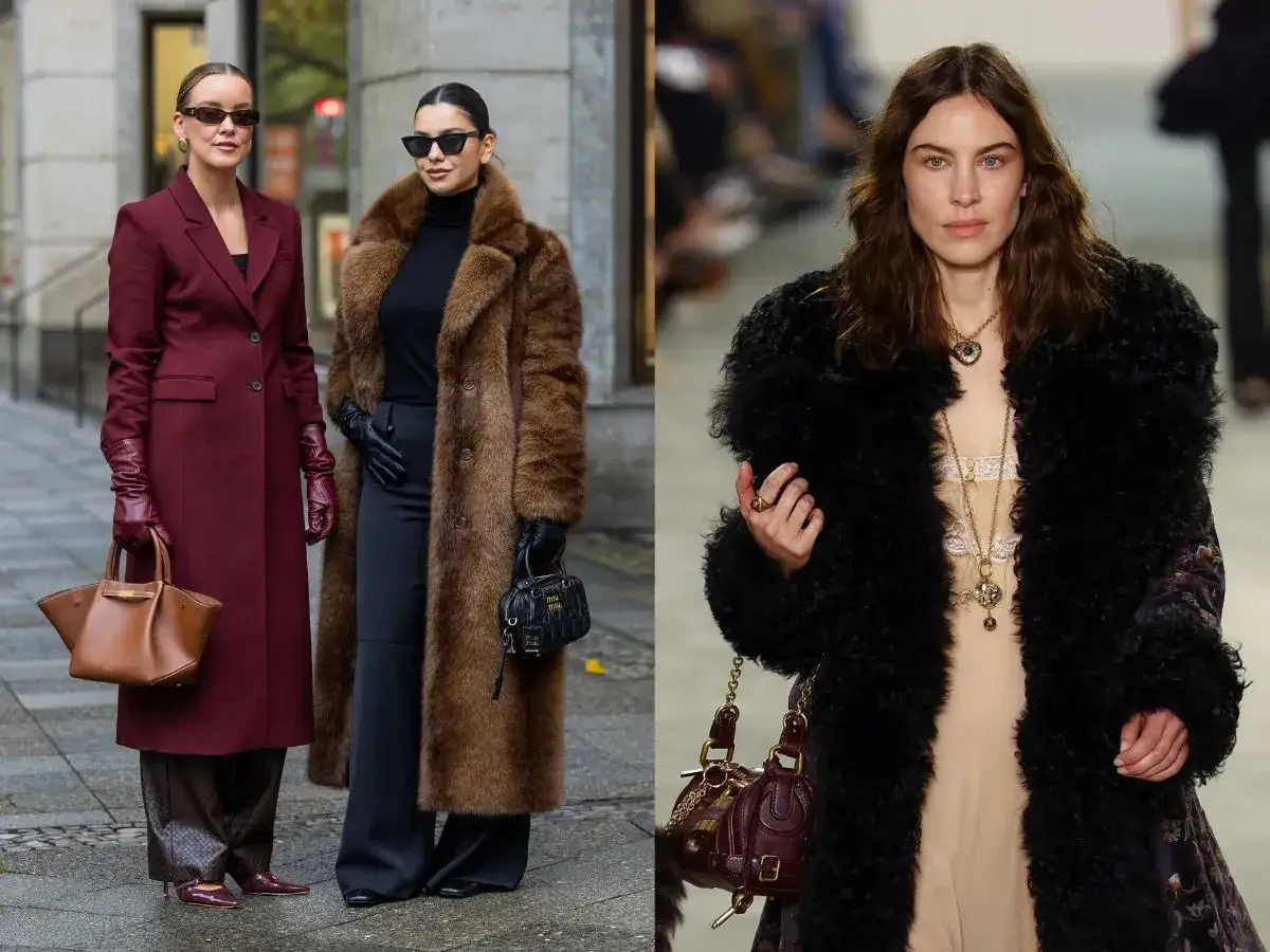 Dwie kobiety w eleganckich płaszczach, jedna w bordowym, druga w futrzanym. Na wybiegu modelka w czarnym, puszystym okryciu. Czy błyszczące kurtki są modne? Te stylizacje sugerują, że tak!