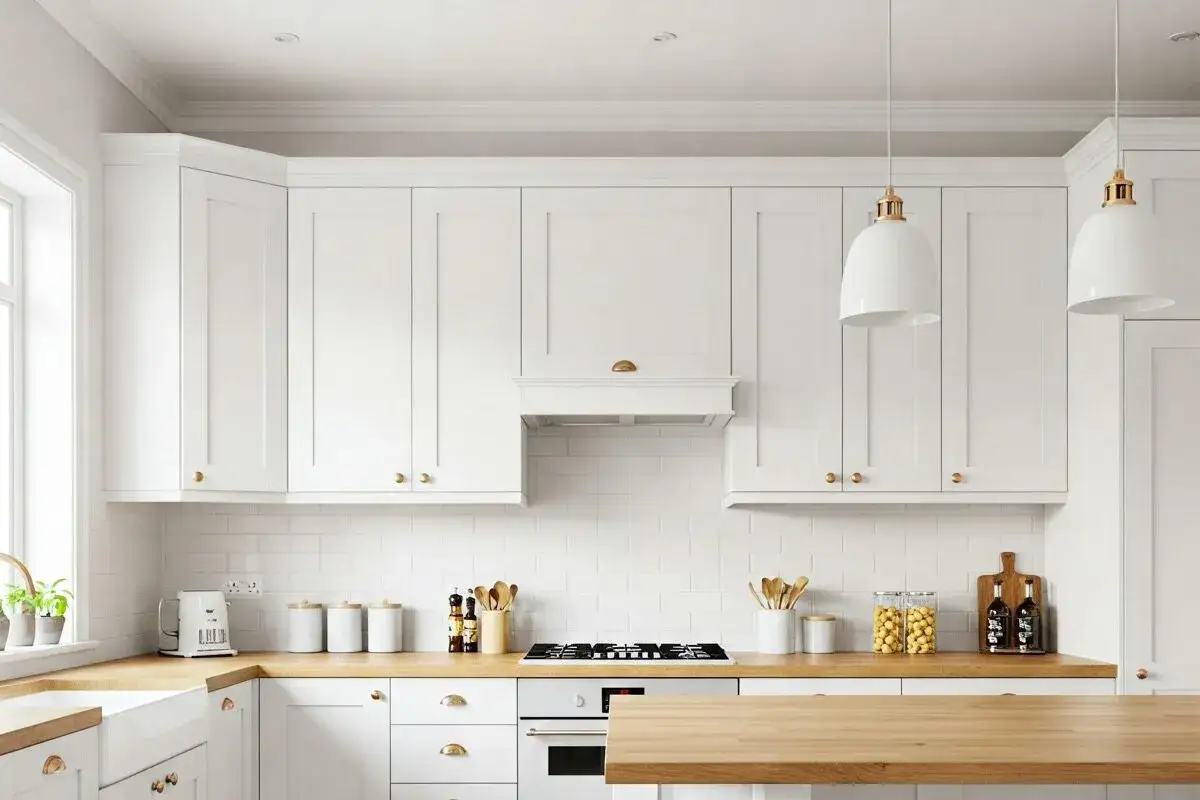 Nowoczesna biała kuchnia z drewnianym blatem i złotymi uchwytami.