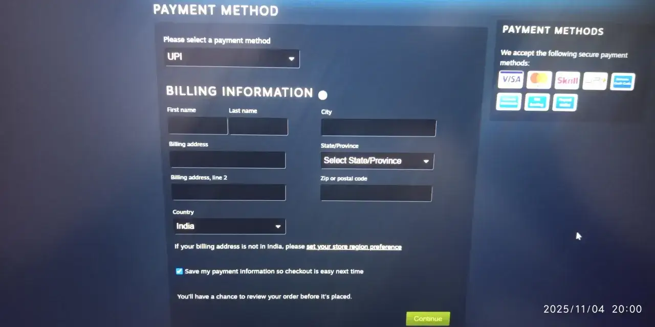 Formularz Steam do wprowadzania danych rozliczeniowych, z zaznaczoną opcją płatności UPI i krajem Indie.