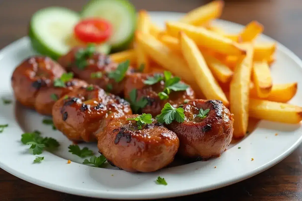 Sześć soczystych kawałków kebab na talerzu, obok złociste frytki i świeże warzywa. Pyszne danie, które z pewnością dostarczy sporo kcal.