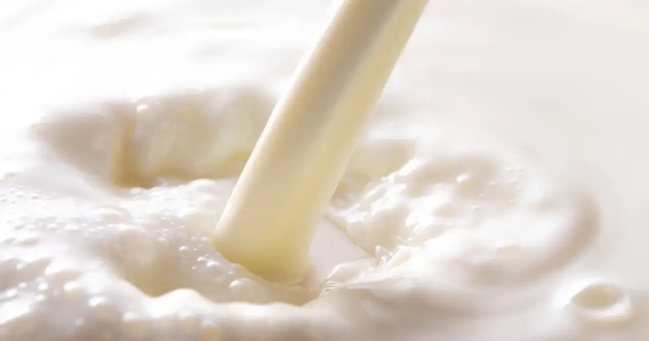 Strumień mleka koziego, znanego z cennych właściwości, tworzy fale i bąbelki w białej, kremowej masie.