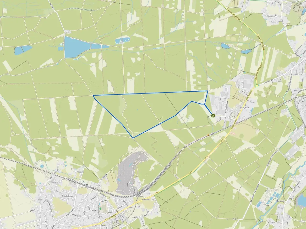 Mapa okolic Chrzanowa z zaznaczonym obszarem. Widoczne drogi, tereny zielone i zabudowania.