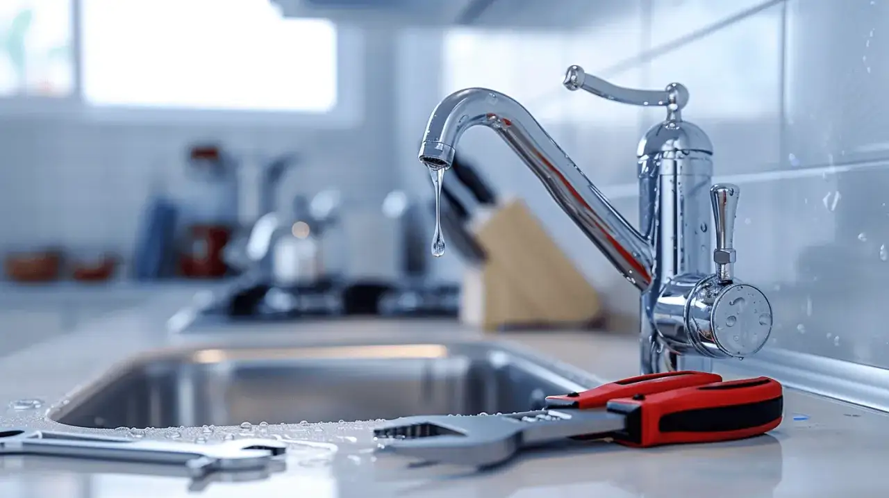 Narzędzia do naprawy cieknącego kranu leżą obok zlewu. Kapiąca woda sugeruje potrzebę interwencji.