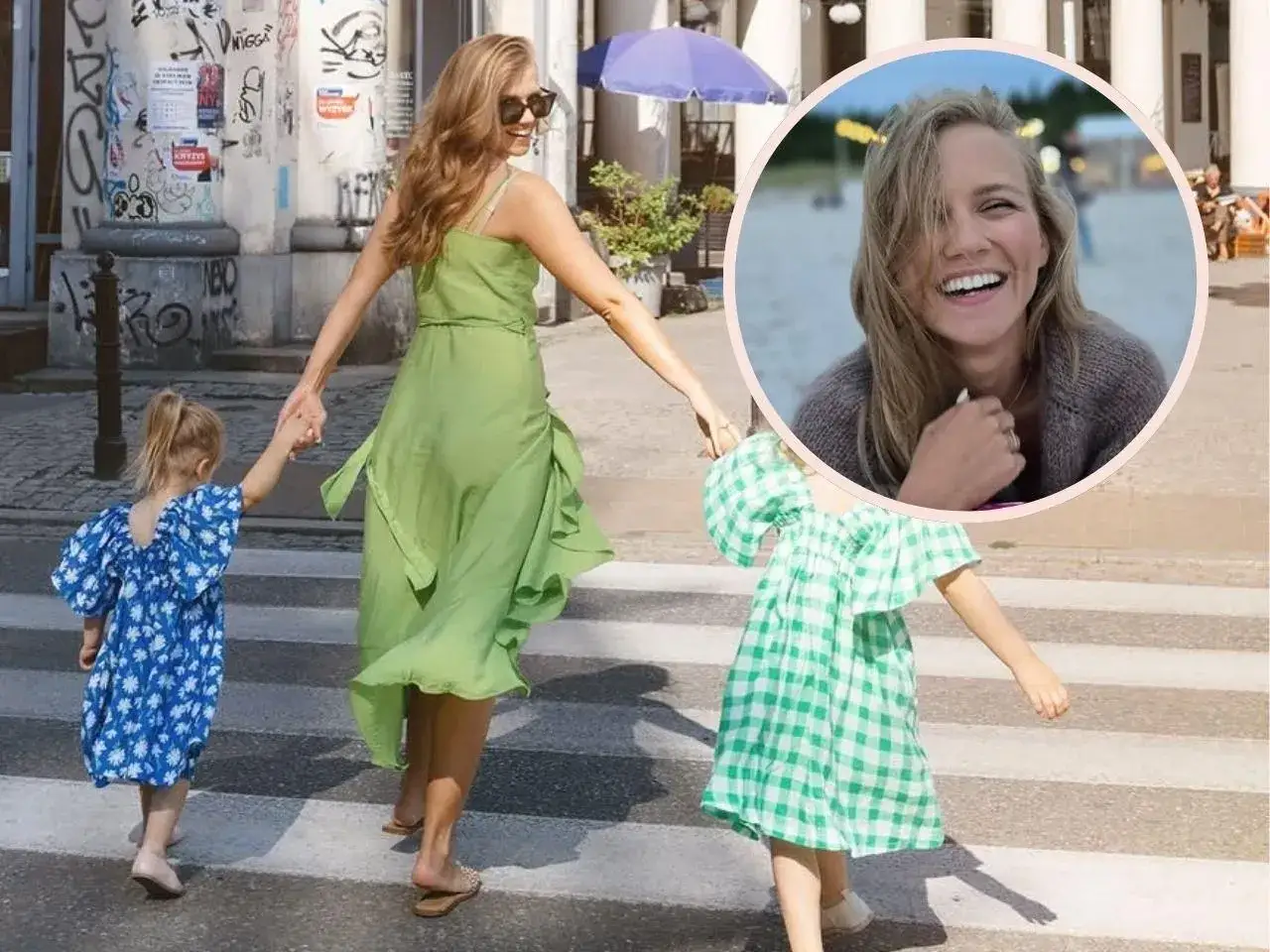 Agnieszka Kaczorowska z dziećmi przechodzi przez pasy. Uśmiechnięta mama prowadzi córeczki.