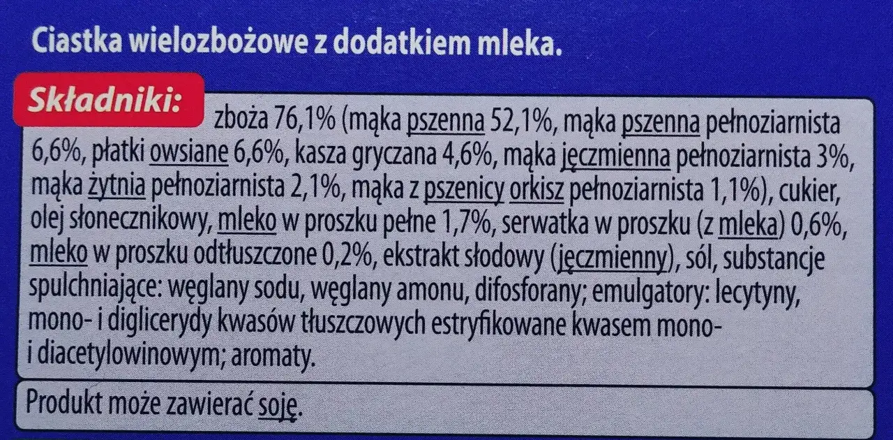 Składniki ciastek wielozbożowych z mlekiem. Czy ciastka Vitanella są zdrowe? Zawierają mąki pełnoziarniste, płatki owsiane, ale też cukier i olej.