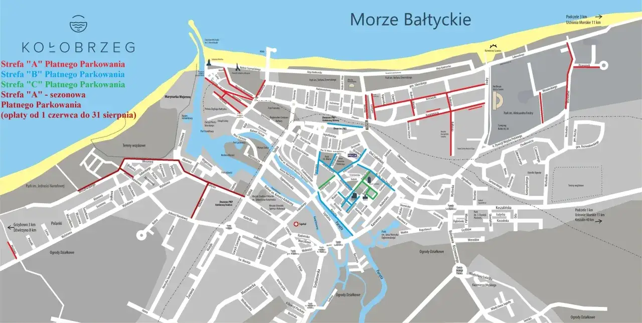 Mapa Kołobrzegu z zaznaczonymi strefami płatnego parkowania. Sprawdź, gdzie zaparkować w Kołobrzegu, aby uniknąć mandatów.
