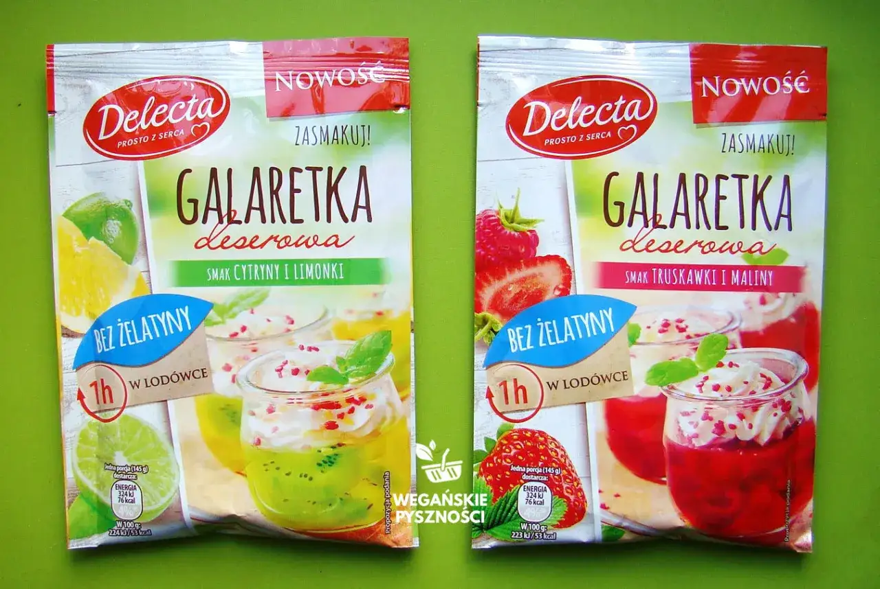 Wegańska galaretka Delecta, smak cytryny i limonki lub truskawki i maliny, bez żelatyny. Gdzie kupić? Wegańskie pyszności.