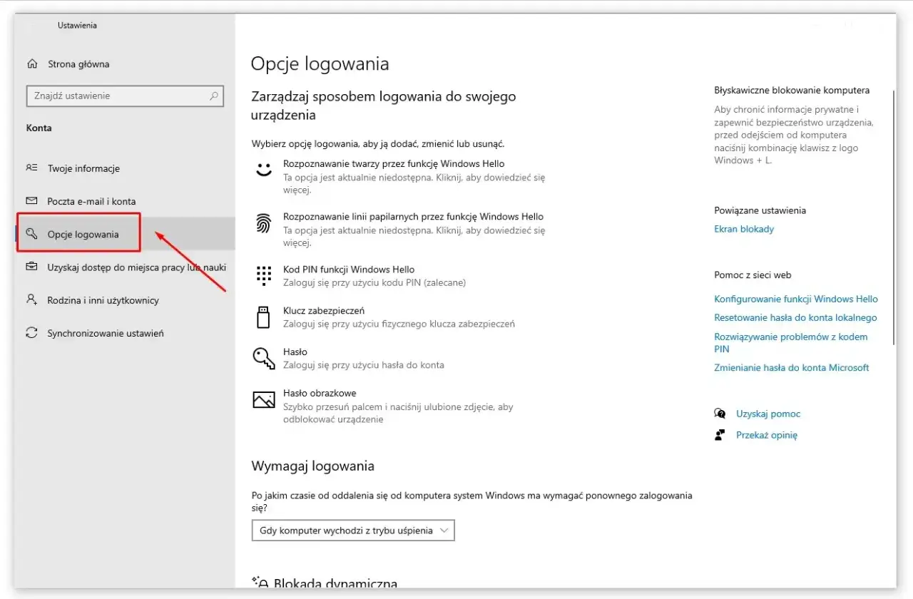 Ustawienia konta Windows: opcje logowania, gdzie można zmienić hasło na komputerze, ustawić PIN lub hasło obrazkowe.