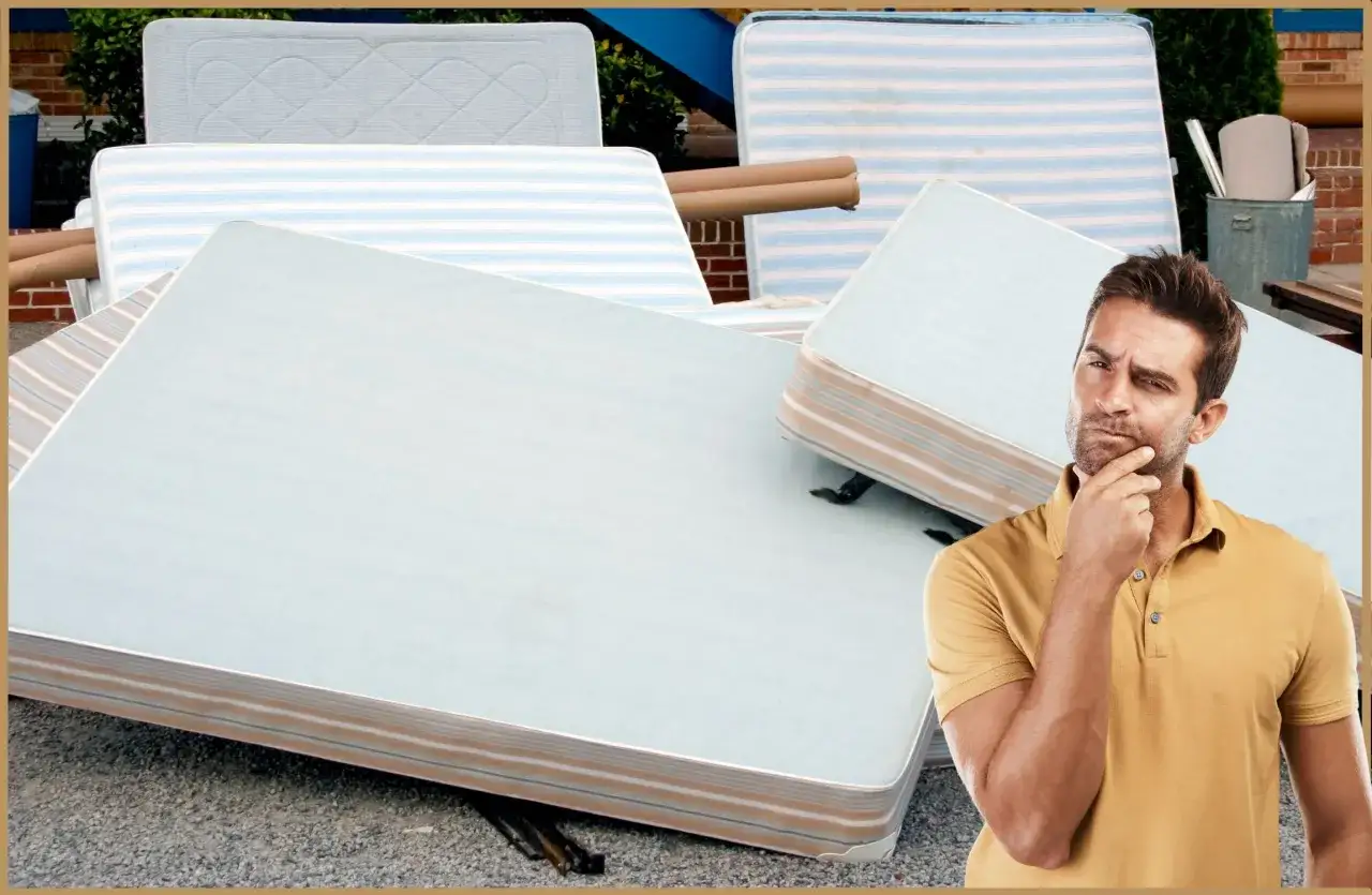 Mężczyzna zastanawia się nad stertą starych materacy.