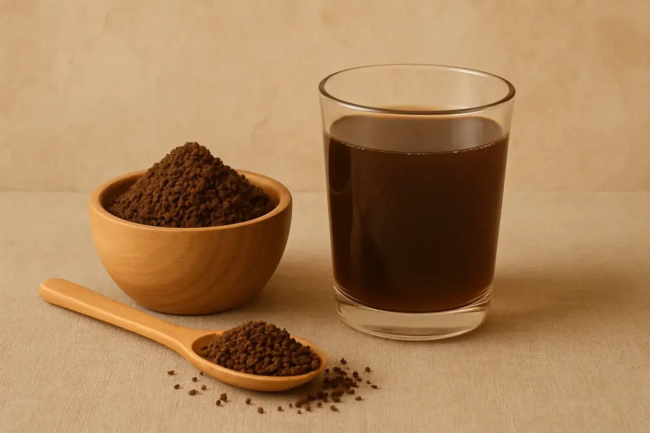 Czy herbata granulowana jest zdrowa? Na zdjęciu szklanka napoju i drewniana miseczka z granulkami.