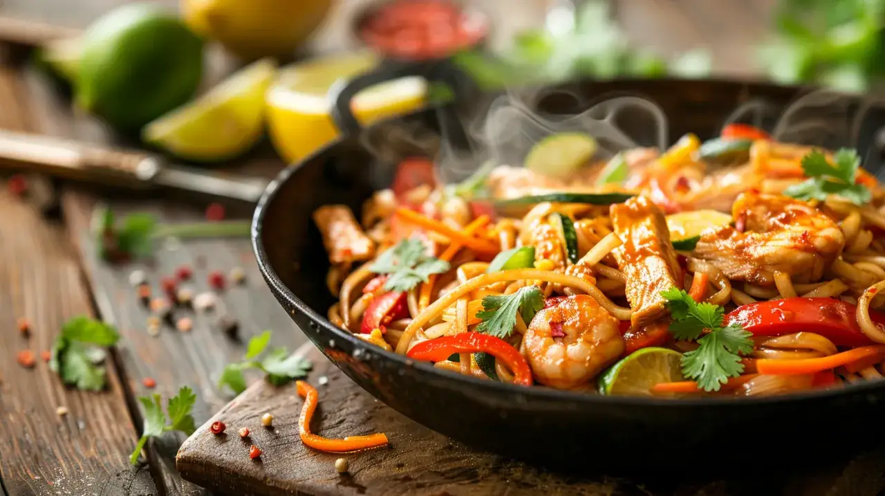 Makaron udon po tajsku - Przepis na smażony makaron z kurczakiem