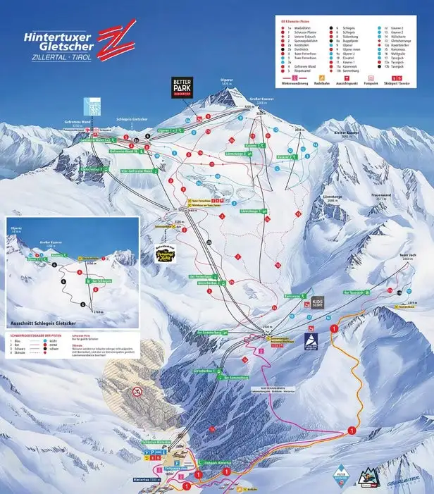 Mapa tras Lodowiec Hintertux