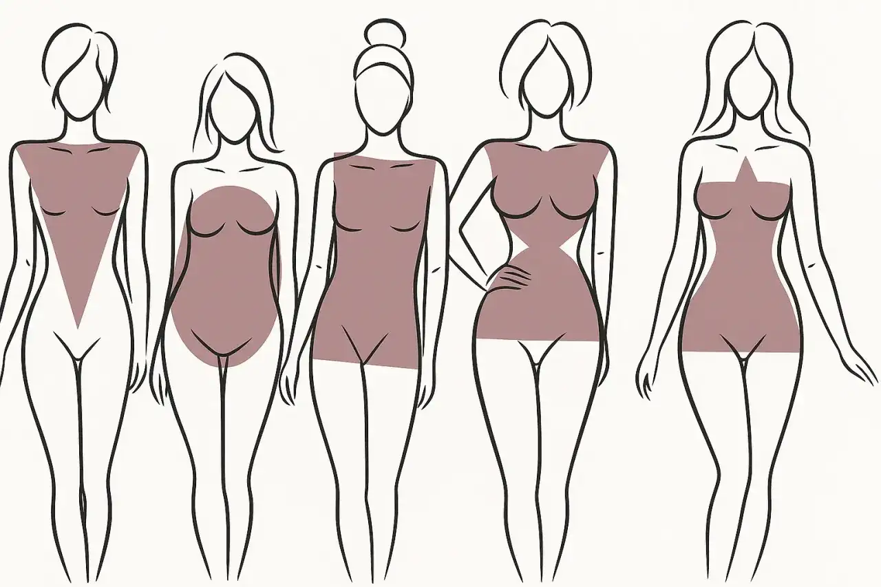 Siluetas femeninas con formas de cuerpo: triángulo invertido, óvalo, rectángulo, reloj de arena y estrella.