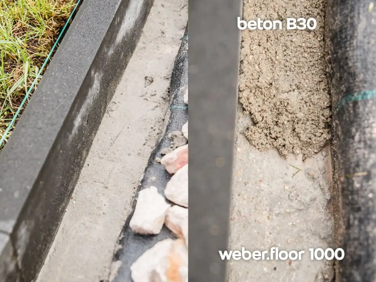 Porównanie: jaki beton pod obrzeża. Z lewej strony beton B30, z prawej weber.floor 1000.
