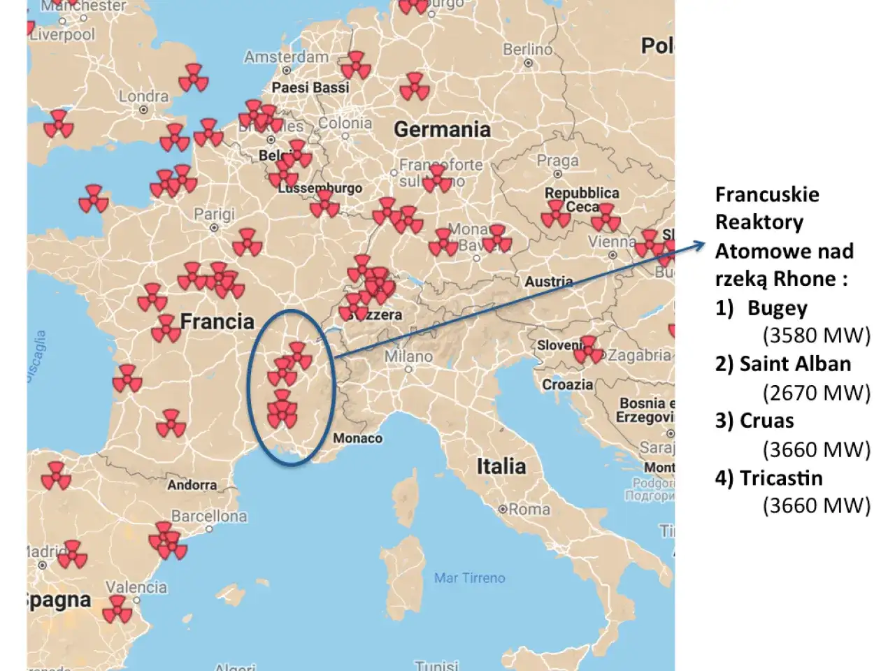 Mapa Europy z zaznaczonymi symbolami elektrowni atomowych, skupionymi głównie we Francji.