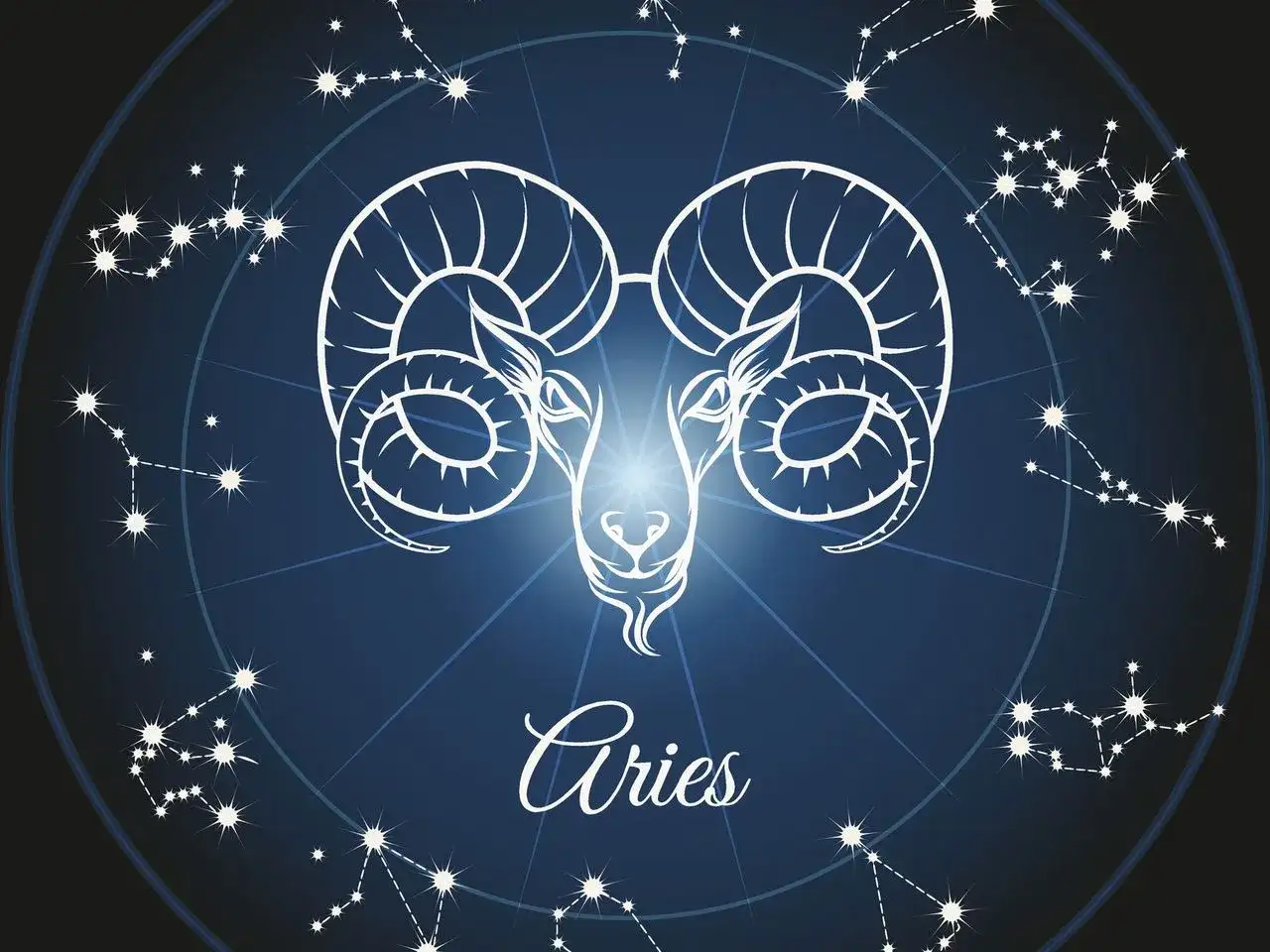 Symbol barana, zodiakalny marzec znak zodiaku, otoczony konstelacjami na tle nocnego nieba.