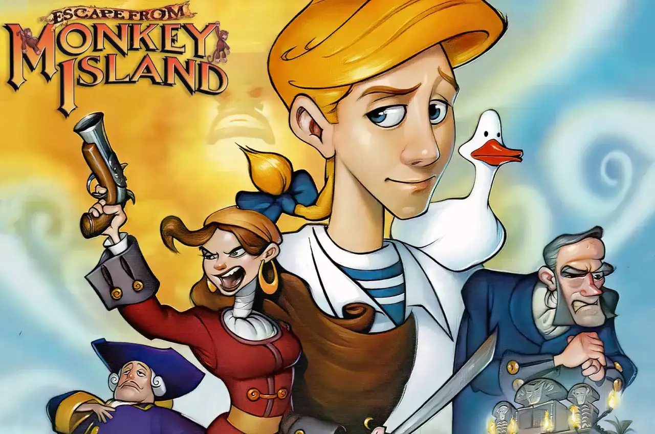 Postacie z gry Escape from Monkey Island: Guybrush Threepwood, Elaine Marley z pistoletem, dziwny mężczyzna w niebieskim stroju i gęś.