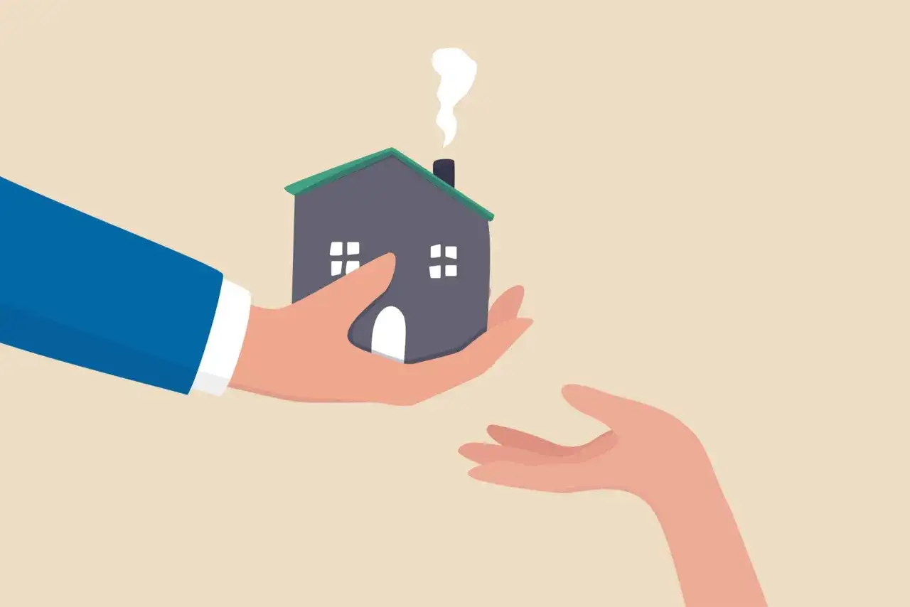 Une main tend une maison, symbolisant le droit viager au logement, à une autre main ouverte.