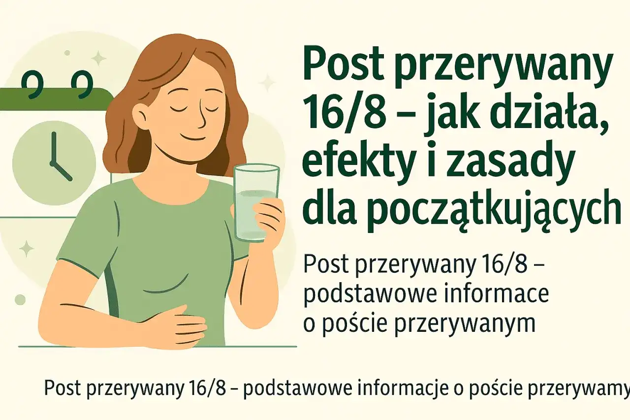 Kobieta z uśmiechem pije wodę, obok kalendarz i zegar. Post przerywany 16/8 – zasady dla początkujących.
