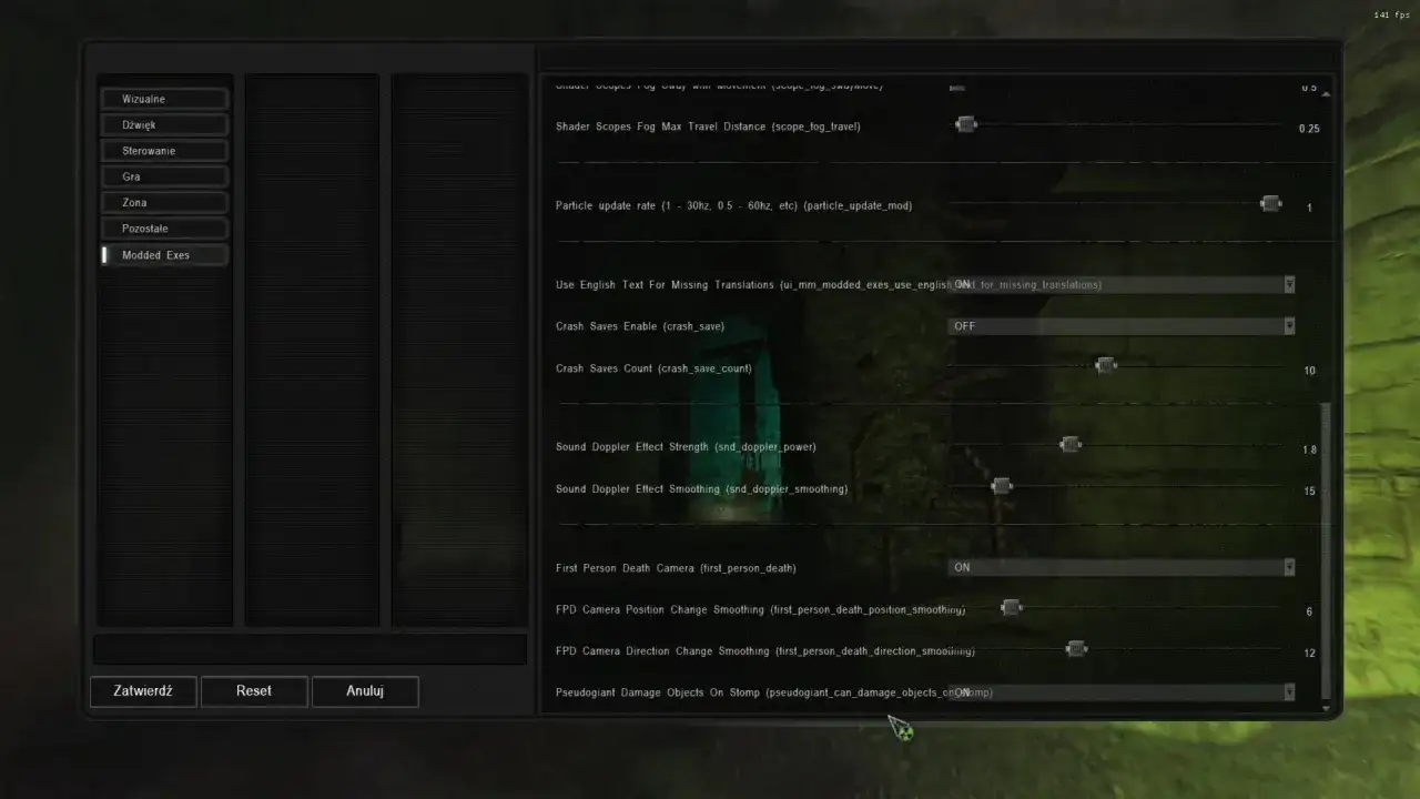 Ustawienia gry S.T.A.L.K.E.R. Anomaly, opcje graficzne i dźwiękowe. Włączono opcję "Use English Text For Missing Translations", co może pomóc w spolszczeniu gry.