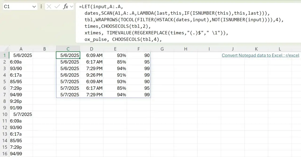 Excel z formułą LET, która przetwarza dane z kolumny A, tworząc tabelę z datami, godzinami, procentami i liczbami. Ta zaawansowana funkcja indeks excel pozwala na efektywne zarządzanie danymi.