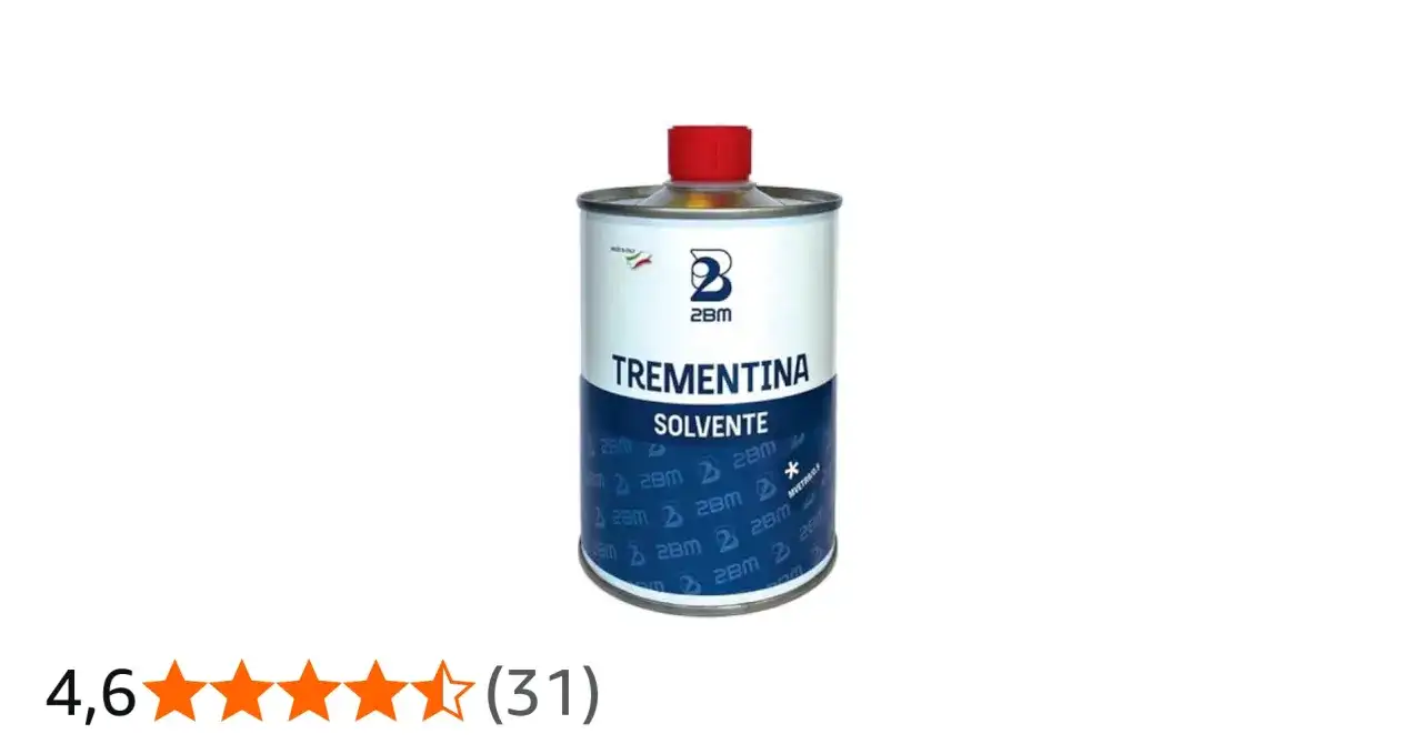 Puszka terpentyny z czerwonym korkiem i etykietą "TREMENTINA SOLVENTE".