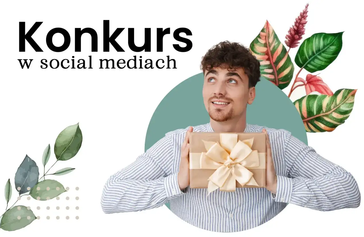 Uśmiechnięty mężczyzna z prezentem w rękach, zapraszający do udziału w konkursie na Instagramie.