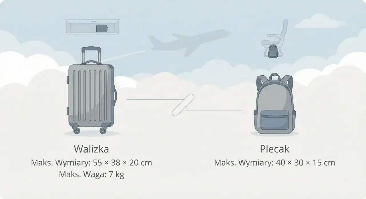 Porównanie walizki i plecaka jako bagaż podręczny. Walizka: 55x38x20 cm, 7 kg. Plecak: 40x30x15 cm.
