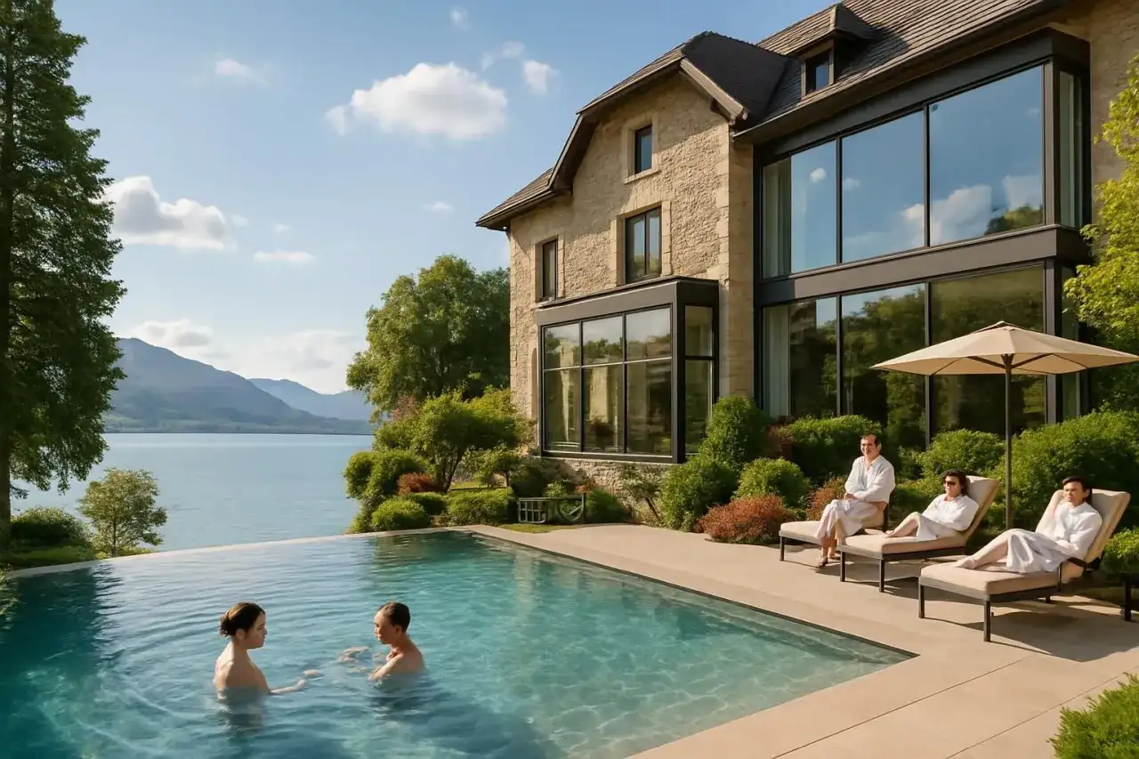 Piscine à débordement devant un hôtel de luxe avec vue sur le lac et des personnes en peignoir détendant sur des chaises longues.